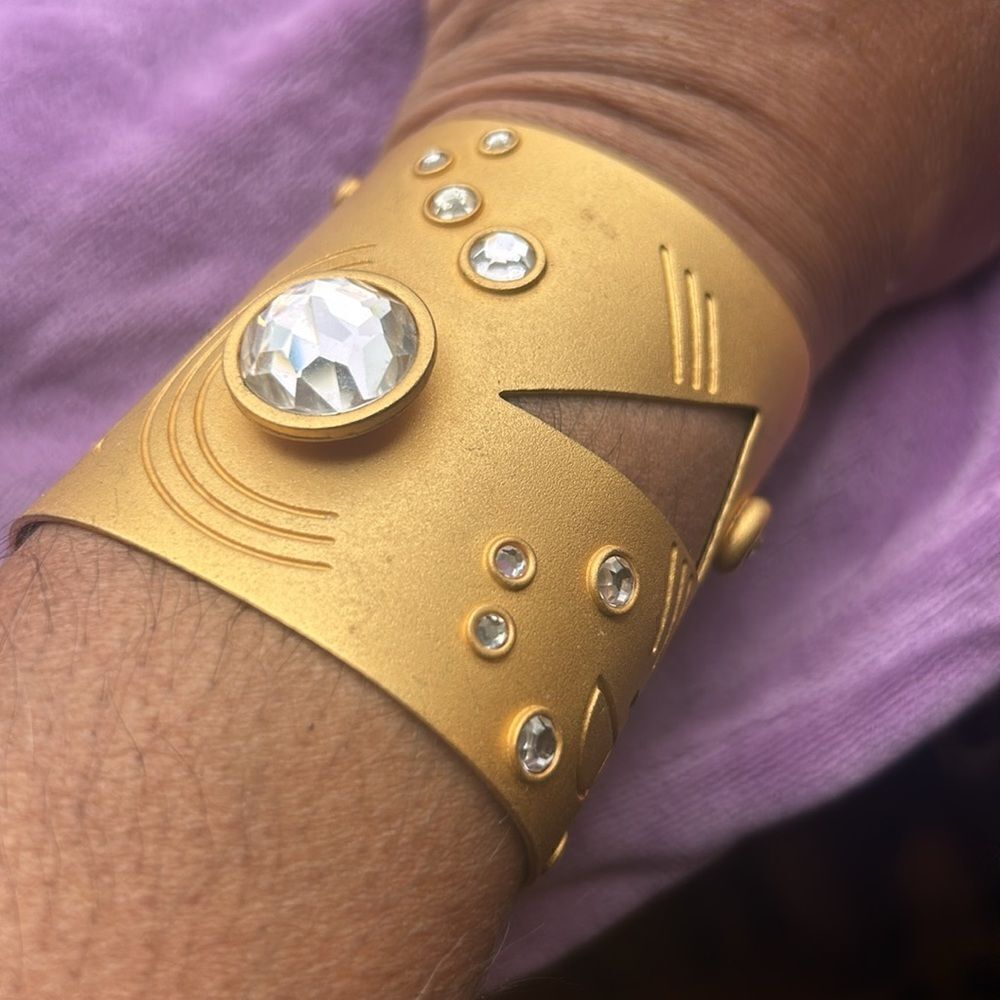 Gorgeous Modern Gold Tone Cuff Bracelet with Clear Cabochons